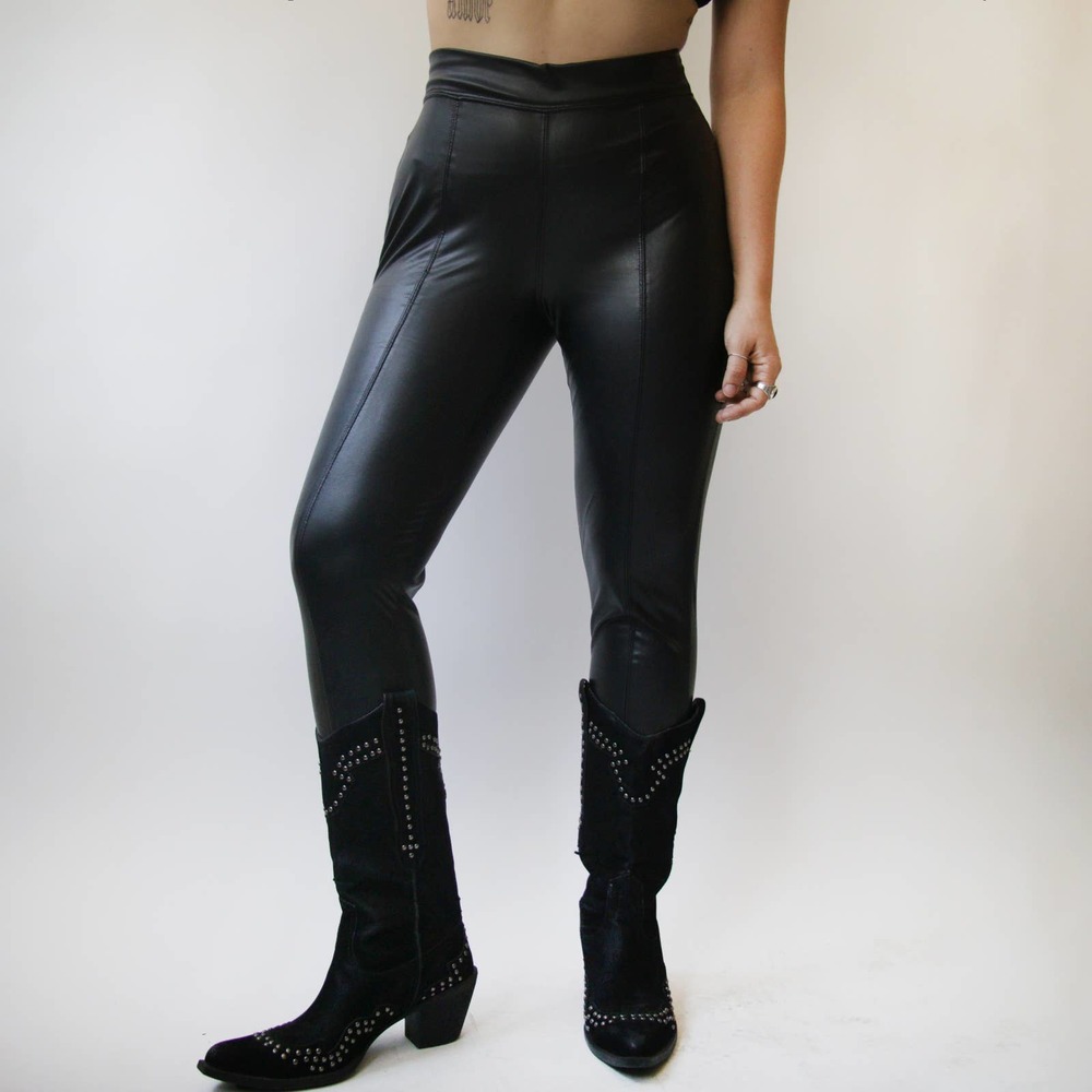 STRETCH HIGH RISE FAUX LEATHER LEGGIN PANTS